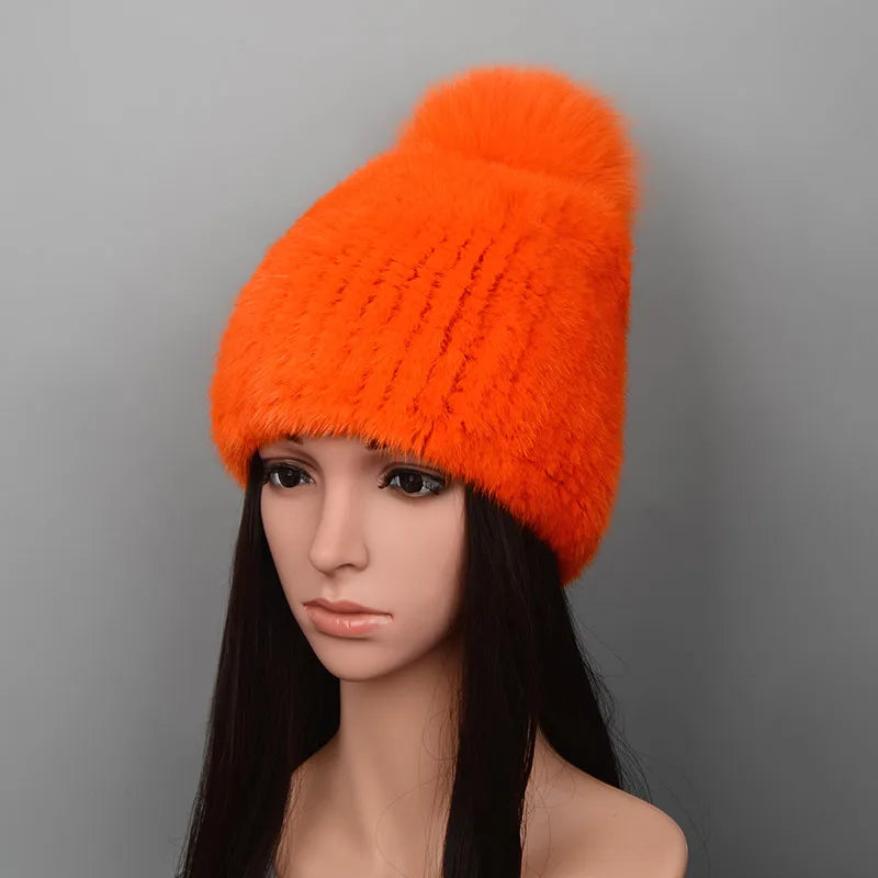 Mink Fur Knit Hat With Fox Fur Ball Winter Warm Women'S Beanie Hat 100% Natural Authentic Fur Hat Russian Women'S Hat