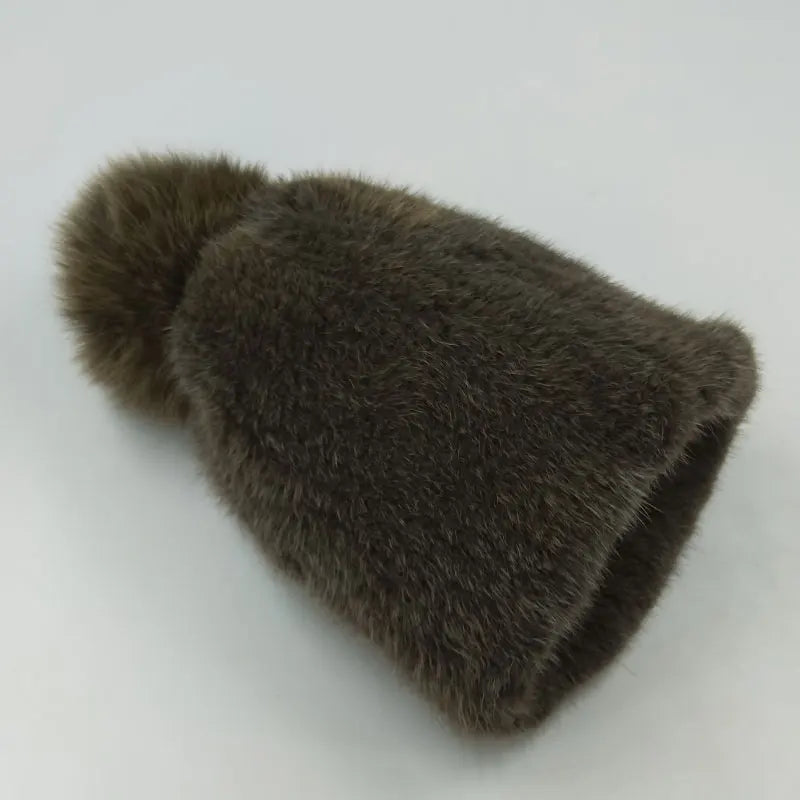 Mink Fur Knit Hat With Fox Fur Ball Winter Warm Women'S Beanie Hat 100% Natural Authentic Fur Hat Russian Women'S Hat