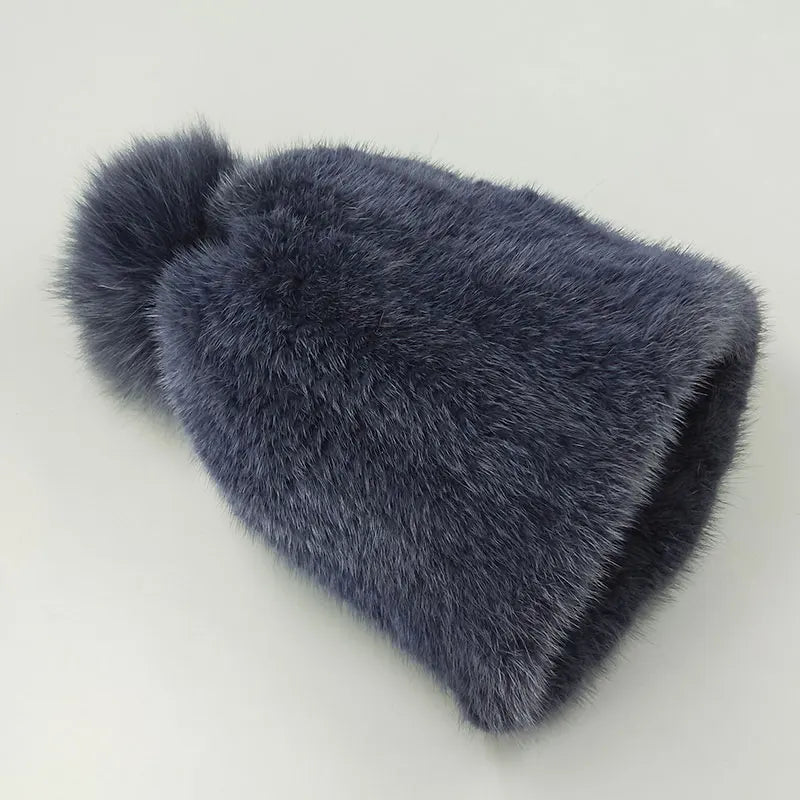 Mink Fur Knit Hat With Fox Fur Ball Winter Warm Women'S Beanie Hat 100% Natural Authentic Fur Hat Russian Women'S Hat