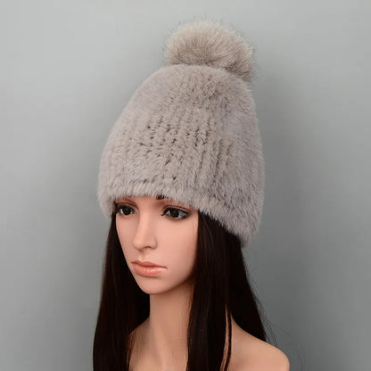 Mink Fur Knit Hat With Fox Fur Ball Winter Warm Women'S Beanie Hat 100% Natural Authentic Fur Hat Russian Women'S Hat