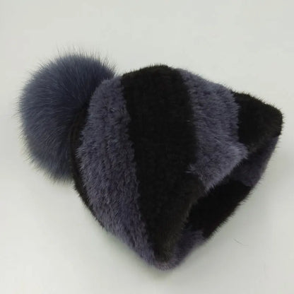 Mink Fur Knit Hat With Fox Fur Ball Winter Warm Women'S Beanie Hat 100% Natural Authentic Fur Hat Russian Women'S Hat