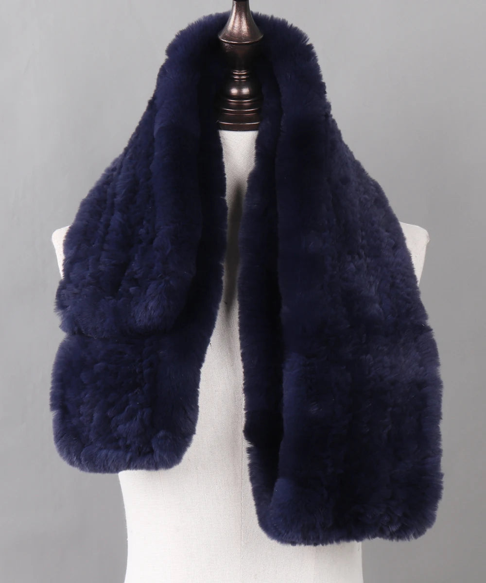 New Luxury Lady 100% Genuine Rex Rabbit Fur Scarves Fashion Long Style Knitted Real Fur Scarf Russian Women Winter Fur Mufflers