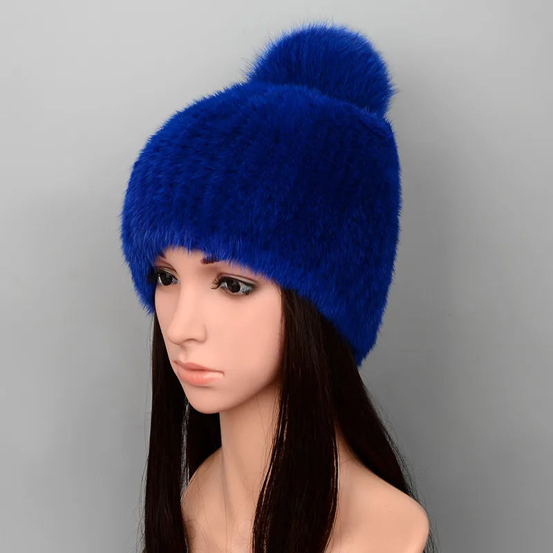 Mink Fur Knit Hat With Fox Fur Ball Winter Warm Women'S Beanie Hat 100% Natural Authentic Fur Hat Russian Women'S Hat