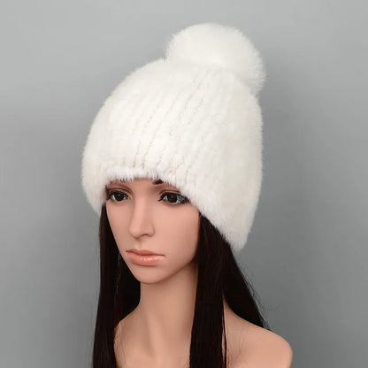 Mink Fur Knit Hat With Fox Fur Ball Winter Warm Women'S Beanie Hat 100% Natural Authentic Fur Hat Russian Women'S Hat