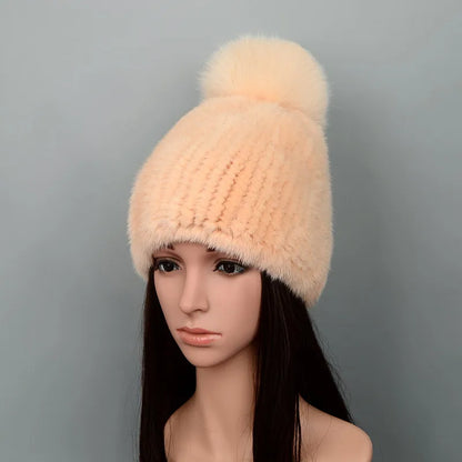 Mink Fur Knit Hat With Fox Fur Ball Winter Warm Women'S Beanie Hat 100% Natural Authentic Fur Hat Russian Women'S Hat