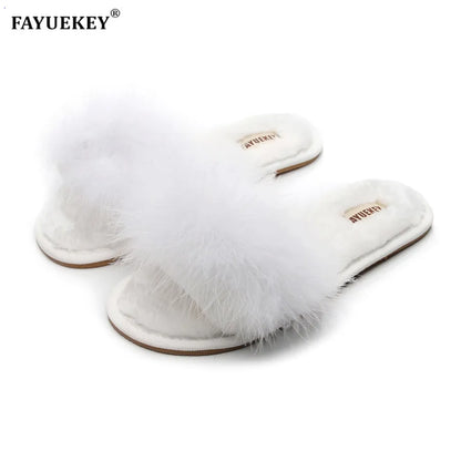 FAYUEKEY Spring Summer Winter Home Cotton Fluffy Plush Fur Slippers Women Wedding Floor Bedroom Flat Shoes