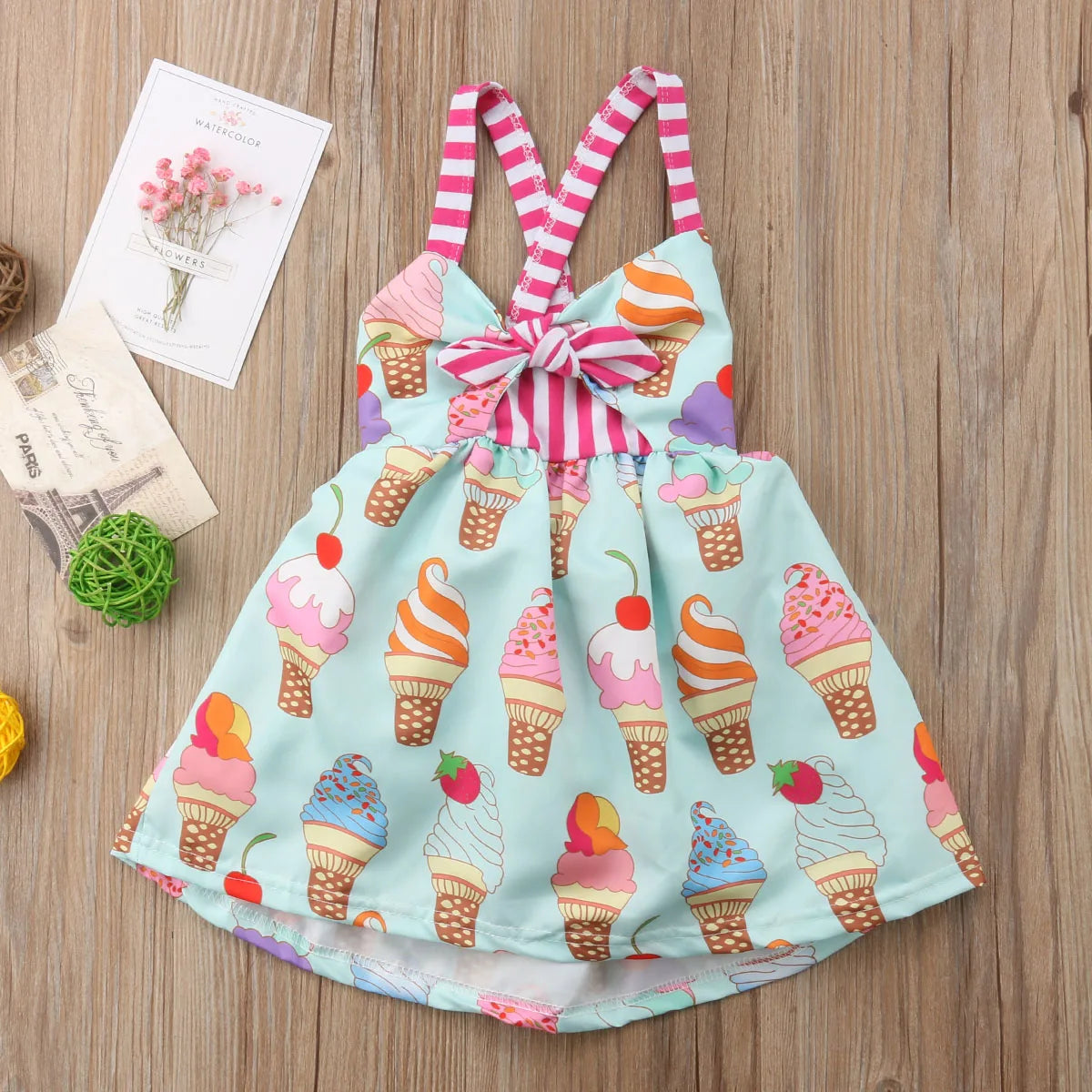 Brand New Infant Princess Girls Summer Toddler Kid Sleeveless Ice Cream Print Strap Tutu Party Dress Sundress Clothes 6M-5T