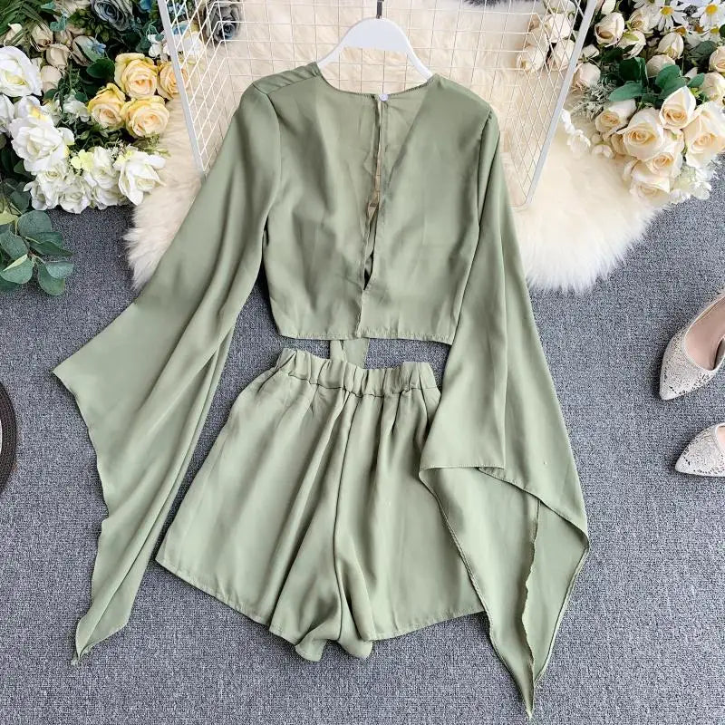 2024 New Summer 2 Piece Outfits For Women Flare Sleeve Crop Top + Broad-legged Shorts Fashion Ladies Sexy Solid Chiffon Suit Set