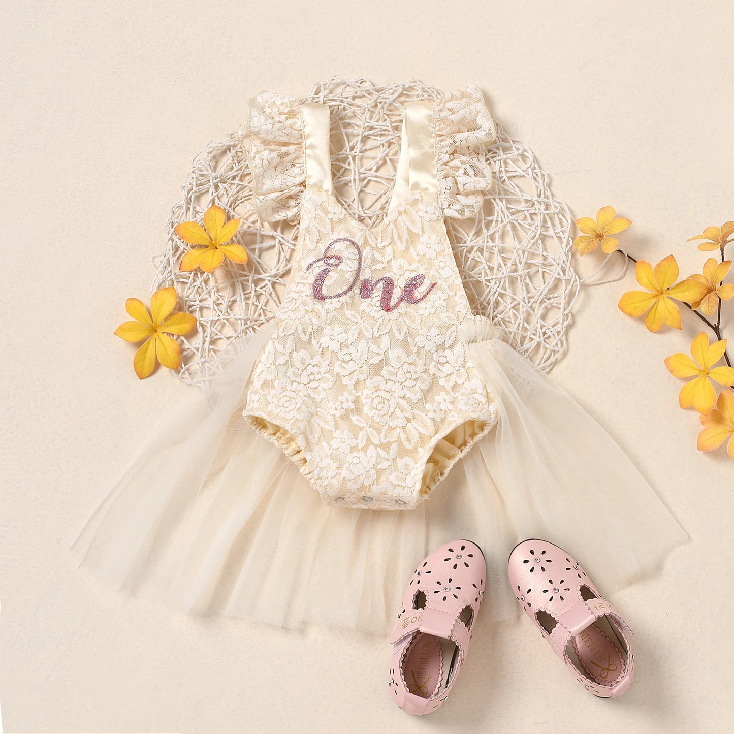 FOCUSNORM Newborn Baby Girls Romper Dress Mesh Lace One Letter Print Little Princess Party Dress Summer Costume