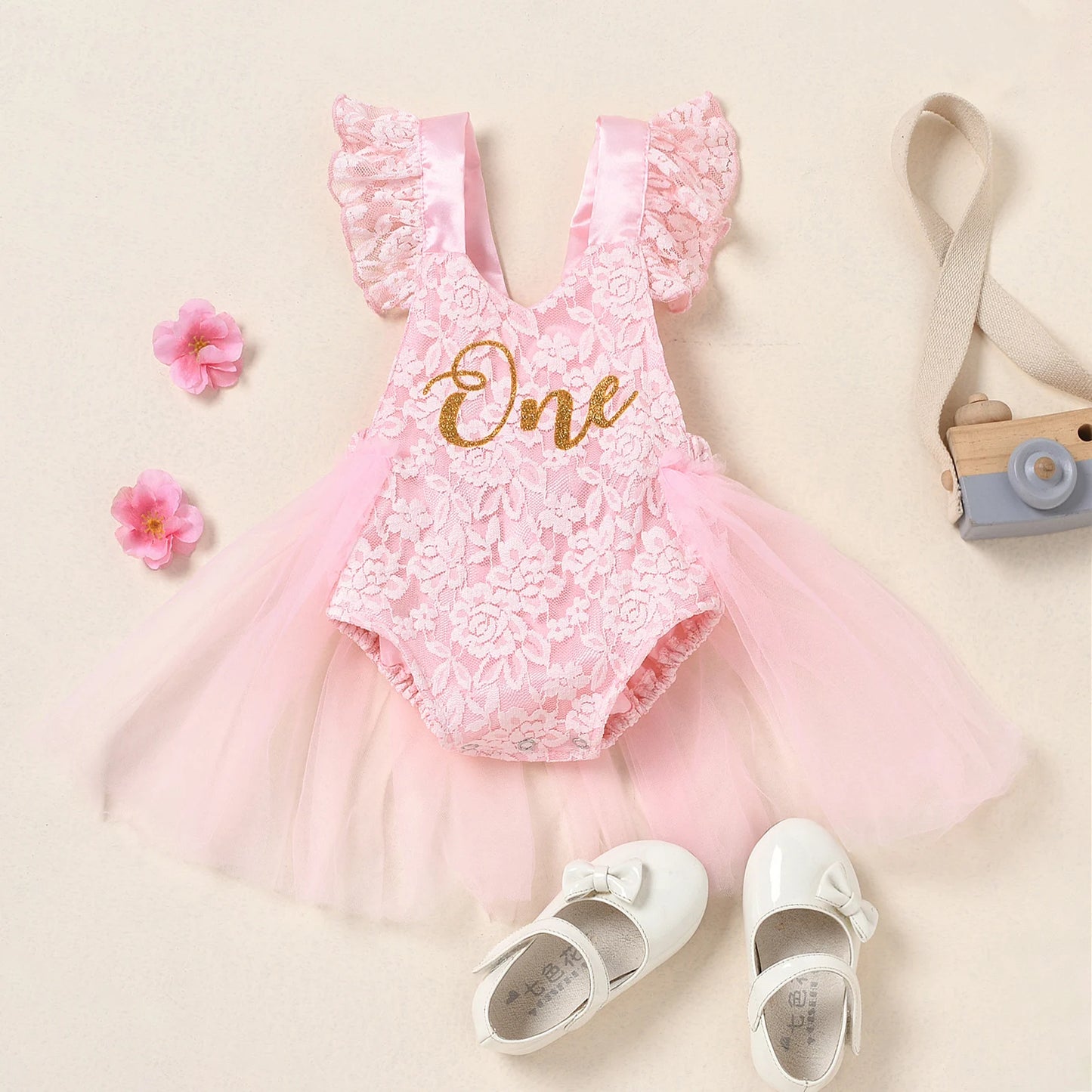 FOCUSNORM Newborn Baby Girls Romper Dress Mesh Lace One Letter Print Little Princess Party Dress Summer Costume