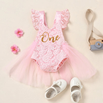 FOCUSNORM Newborn Baby Girls Romper Dress Mesh Lace One Letter Print Little Princess Party Dress Summer Costume