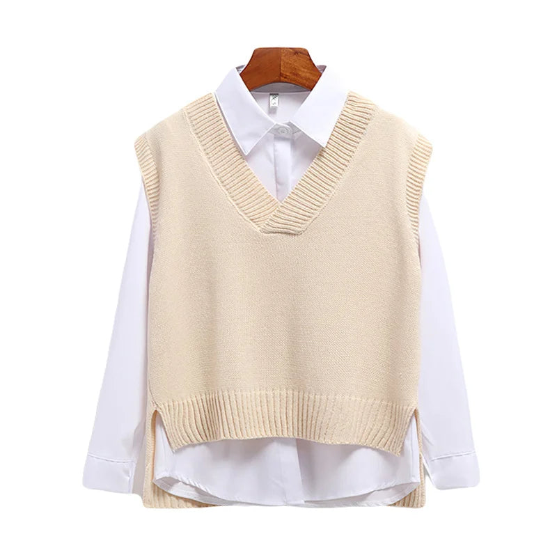 Women Sweater Vest V-neck Knitted Top 2025 New Korean Fashion Knitwear Spring Autumn Jumper