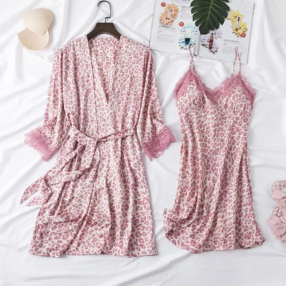 Print Leopard 4PCS Sleep Set Pajamas Female Loose Satin Pyjamas Sleepwear Sexy Casual Home Wear Suits Lace Trim Women Nightwear