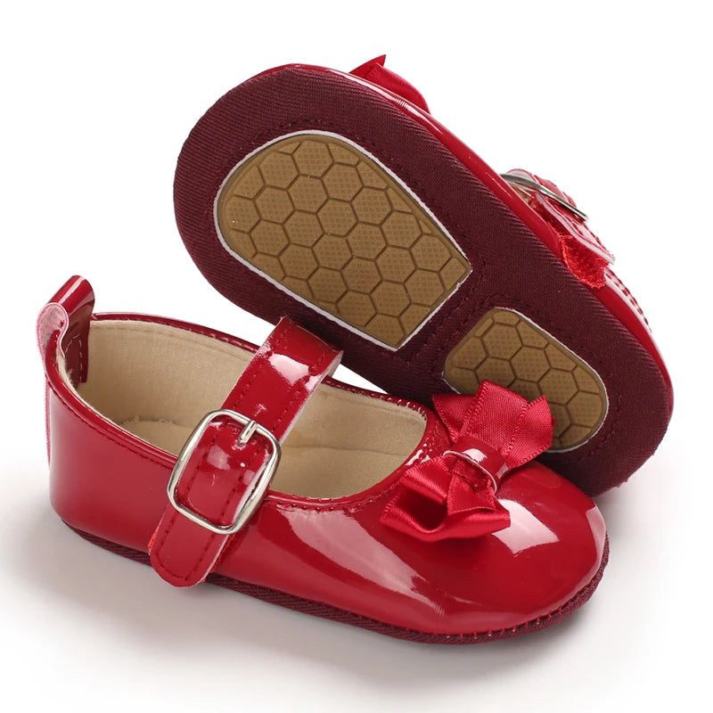 Newborn Baby Shoes Baby Girl Shoes Girl Classic Red Bowknot Rubber Sole Anti-slip PU Dress Shoes First Walker Toddler Crib Shoes