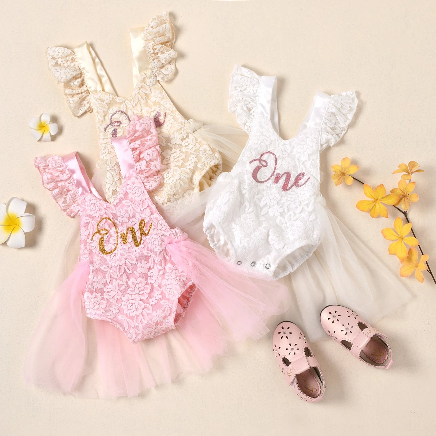 FOCUSNORM Newborn Baby Girls Romper Dress Mesh Lace One Letter Print Little Princess Party Dress Summer Costume