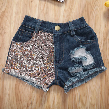 Kids Girls Top Shorts 3Pcs Suit Leopard Short Sleeve Pleated Vest Blue Sequin Jeans Side Pockets Headband Fashion Outfits