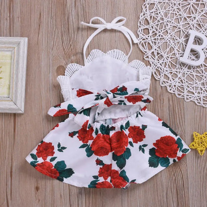 Summer 0-3Y Infant Baby Girl Romper Sleeveless Belt Lace Flowers Print Jumpsuit Sunsuit Outfits Clothes