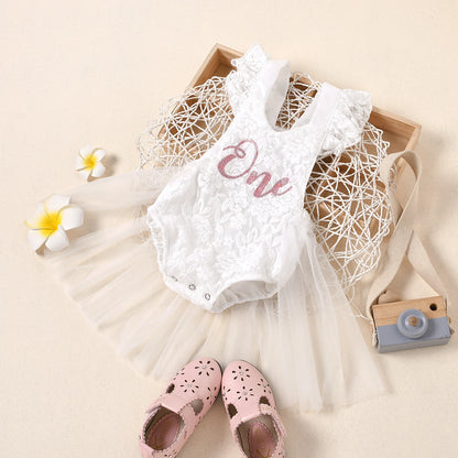 FOCUSNORM Newborn Baby Girls Romper Dress Mesh Lace One Letter Print Little Princess Party Dress Summer Costume