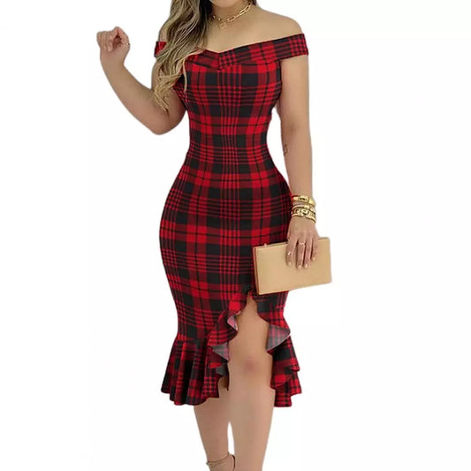 Formal Dress Women Sexy Dresses Off Shoulder Split Ruffle Solid Color Plaid Elegant Party Bodycon Knee-length Dress