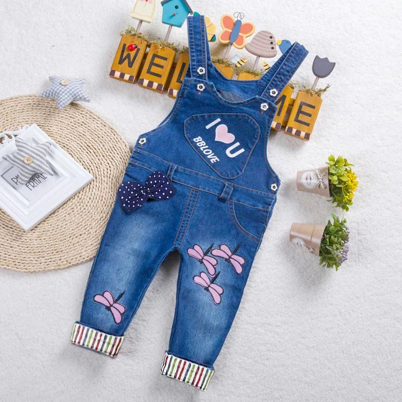 IENENS Baby Girls Overalls Kids Trousers Denim Dungarees Embroidery Butterfly Pants Toddler Infant  Jumpsuit 0-4 Years Clothes