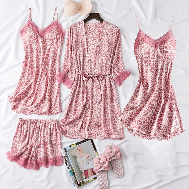 Print Leopard 4PCS Sleep Set Pajamas Female Loose Satin Pyjamas Sleepwear Sexy Casual Home Wear Suits Lace Trim Women Nightwear