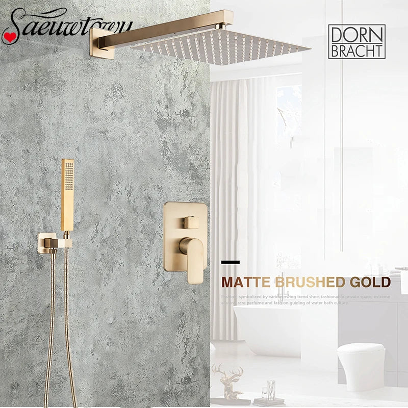 Wall Mounted Concealed Install Brushed Gold Shower Faucets Set Bathroom Shower System Shower Mixer Tap Rainfall Shower Faucet