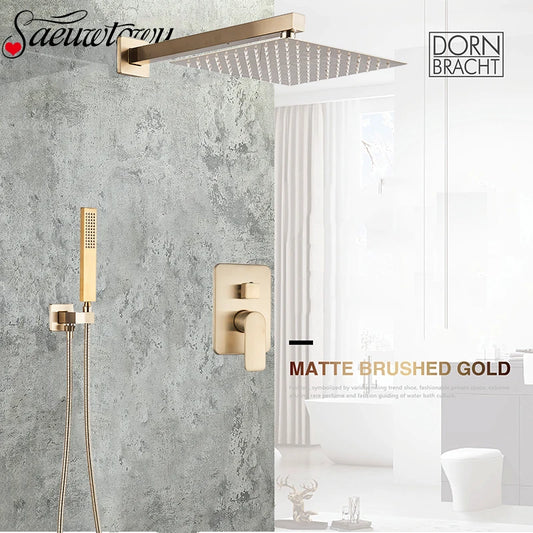 Wall Mounted Concealed Install Brushed Gold Shower Faucets Set Bathroom Shower System Shower Mixer Tap Rainfall