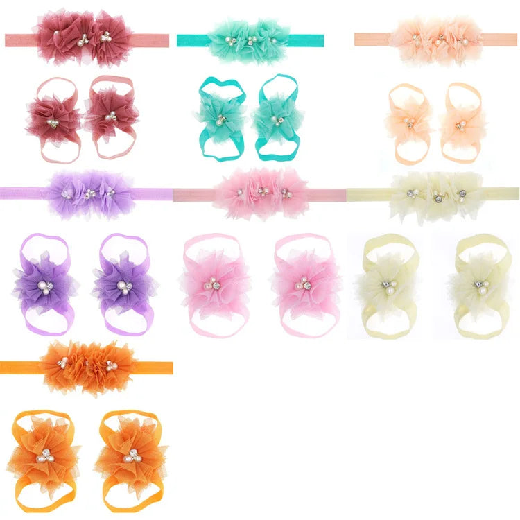 3Pcs/Set Hair Bandage Foot Band Headband Ribbon FlowerTurban Children Newborn Kids Headwear Baby Girl Accessory Soft Photo Props