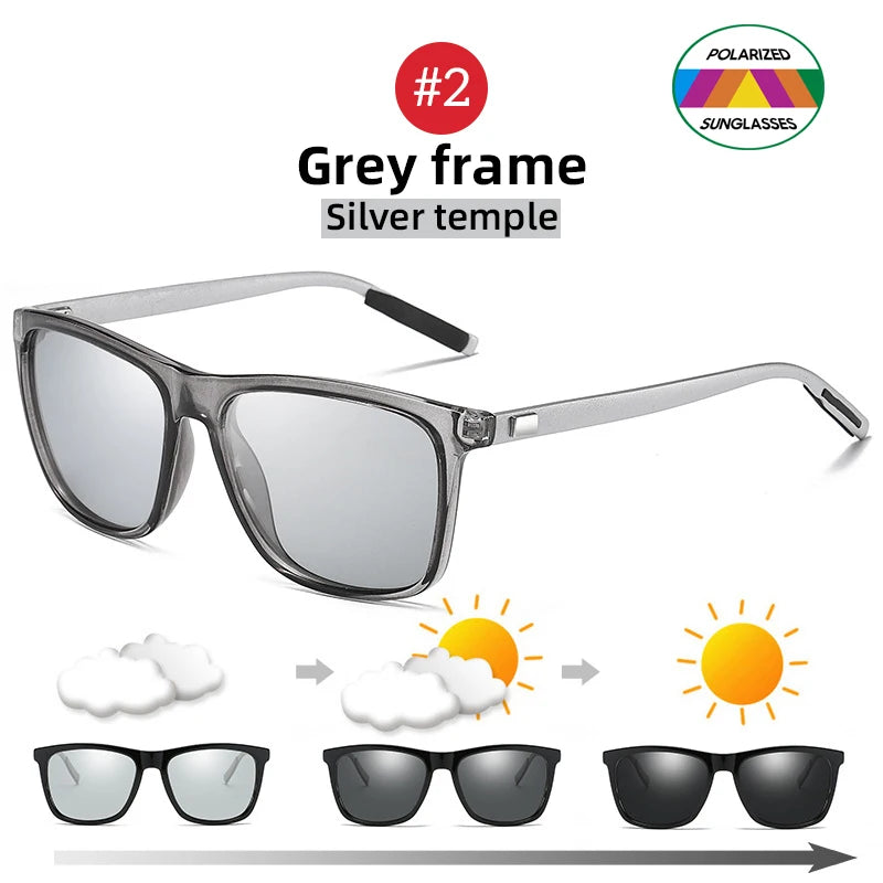 VIVIBEE Color Change Grey Frame Photochromic Polarized Sunglasses Men Square Classic Chameleon Glaases Transition Lens Eyewear