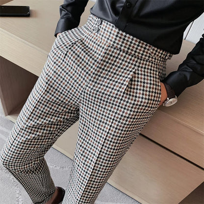 British Style Men High Waist Business Dress Pants Fashion Houndstooth Office Social Suit Pants Wedding Groom Casual Trousers Men