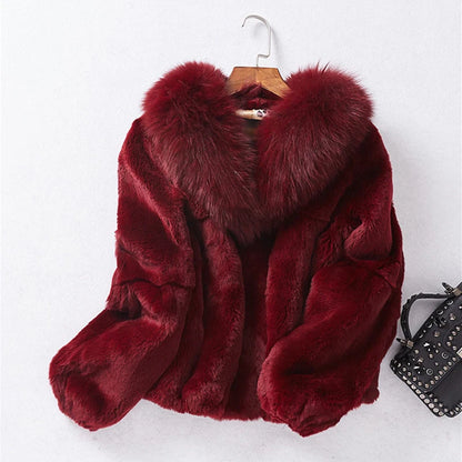 Faux Fur Women Fox Fur Collar Winter Coat Faux Rabbit Hair Short Slim Red Warm Jackets Plus Size Fake Fur Thick Ladies Outwear