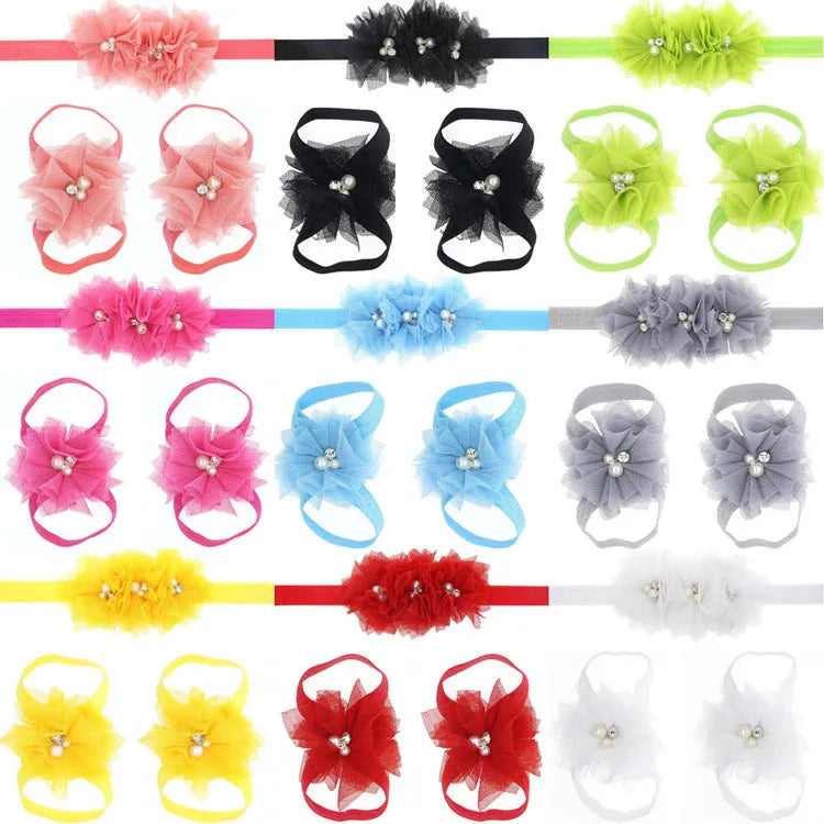 3Pcs/Set Hair Bandage Foot Band Headband Ribbon FlowerTurban Children Newborn Kids Headwear Baby Girl Accessory Soft Photo Props