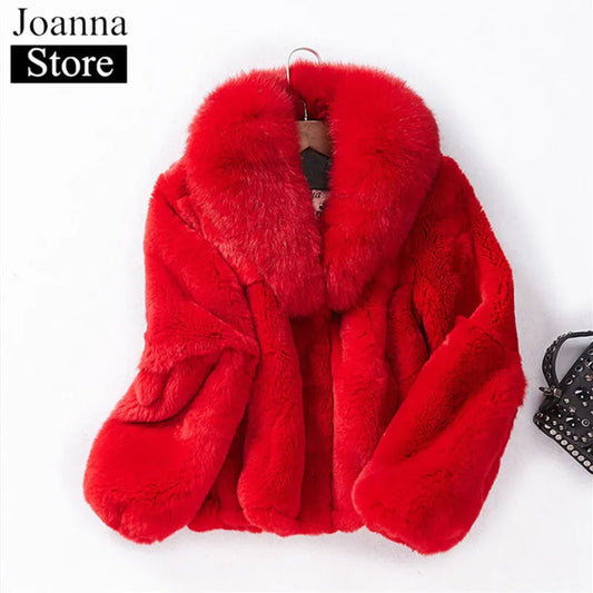 Faux Fur Women Fox Fur Collar Winter Coat Faux Rabbit Hair Short Slim Red Warm Jackets Plus Size Fake Fur Thick Ladies Outwear