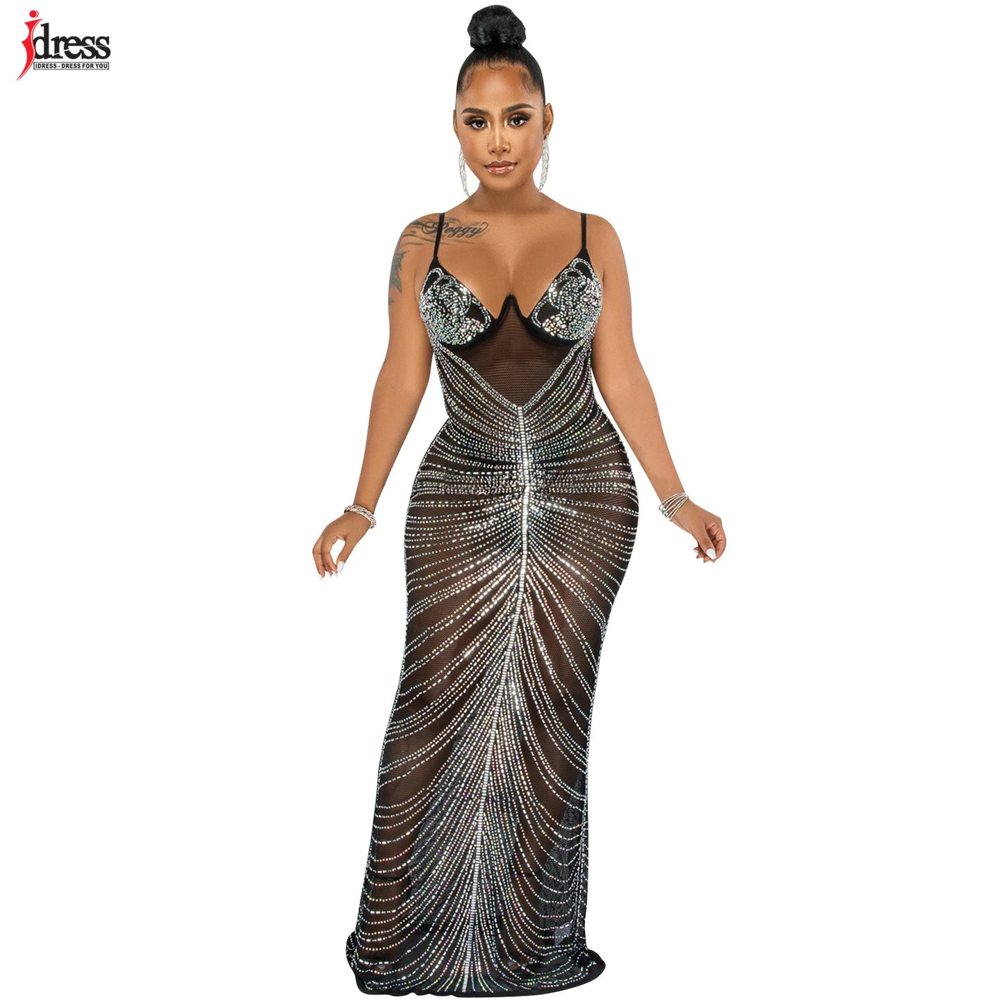 iDress Sexy Sparkle Mesh Sheer Rhinestones Maxi Dress Gown Women Glam Spaghetti Straps Crystal Party Dress Celebrities Outifts