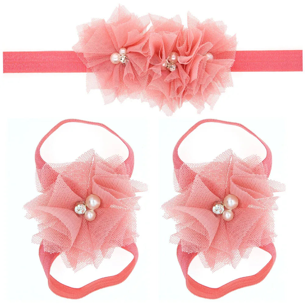 3Pcs/Set Hair Bandage Foot Band Headband Ribbon FlowerTurban Children Newborn Kids Headwear Baby Girl Accessory Soft Photo Props