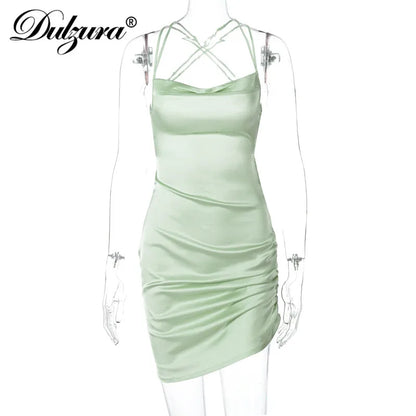 Dulzura Satin Women Strap Mini Dress Ruched Lace Up Cross Bandage Backless Bodycon Sexy Party Elegant 2024 Club Christmas Slim