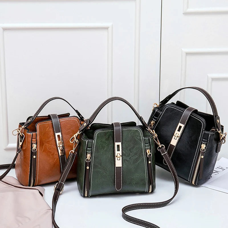 New Arrival PU Leather Bucket Shoulder Bags for Women Solid Color Crossbody Small Handbag Zipper