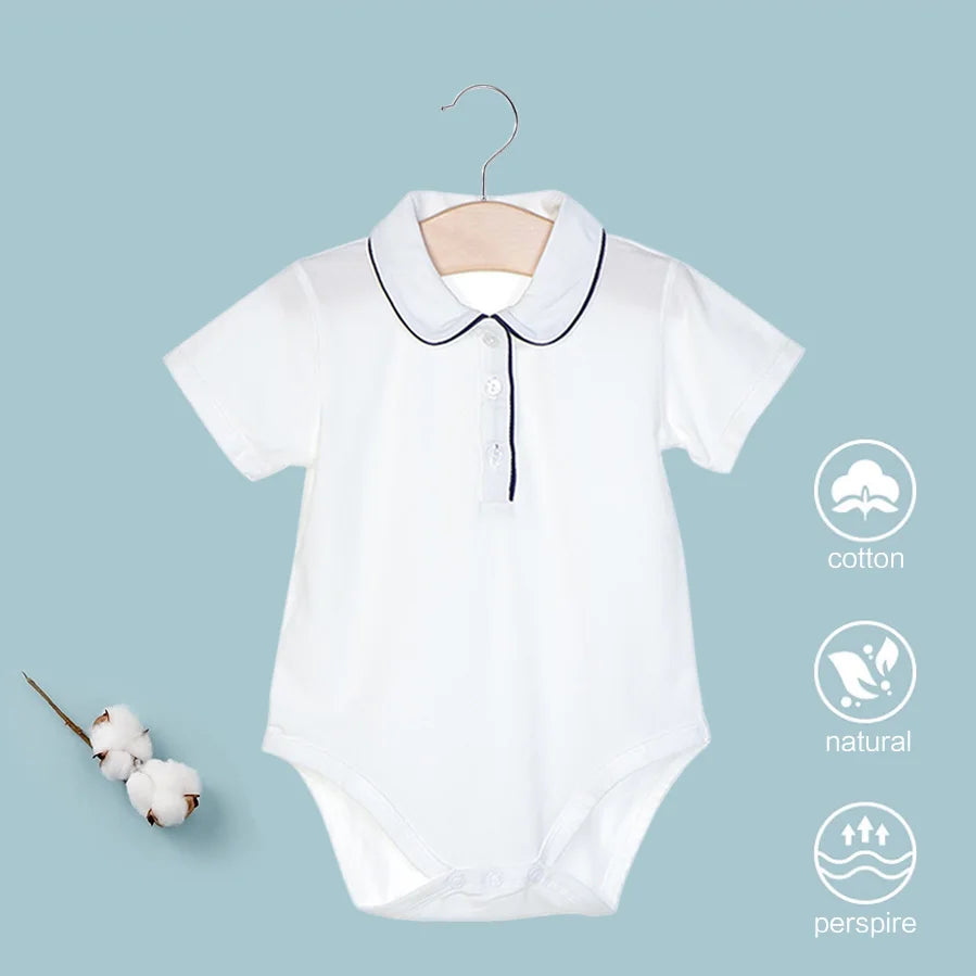 Baby Boy Cotton Bodysuit Summer Clothes Short Sleeve Jumpsuit Infant Peter Pan Romper Handsome Polo Overalls White Bebies Roupas