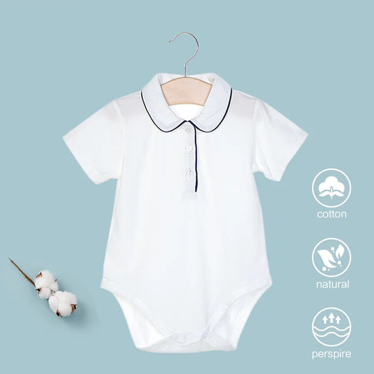 Baby Boy Cotton Bodysuit Summer Clothes Short Sleeve Jumpsuit Infant Peter Pan Romper Handsome Polo Overalls White Bebies Roupas