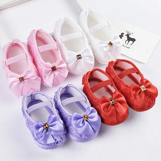 0-18M Baby Girls Shoes High Quality Cloth Baby Shoes Pink Gray White Purple Newborn Crib Shoes Bow Anti-Slip Toddler Prewalkers