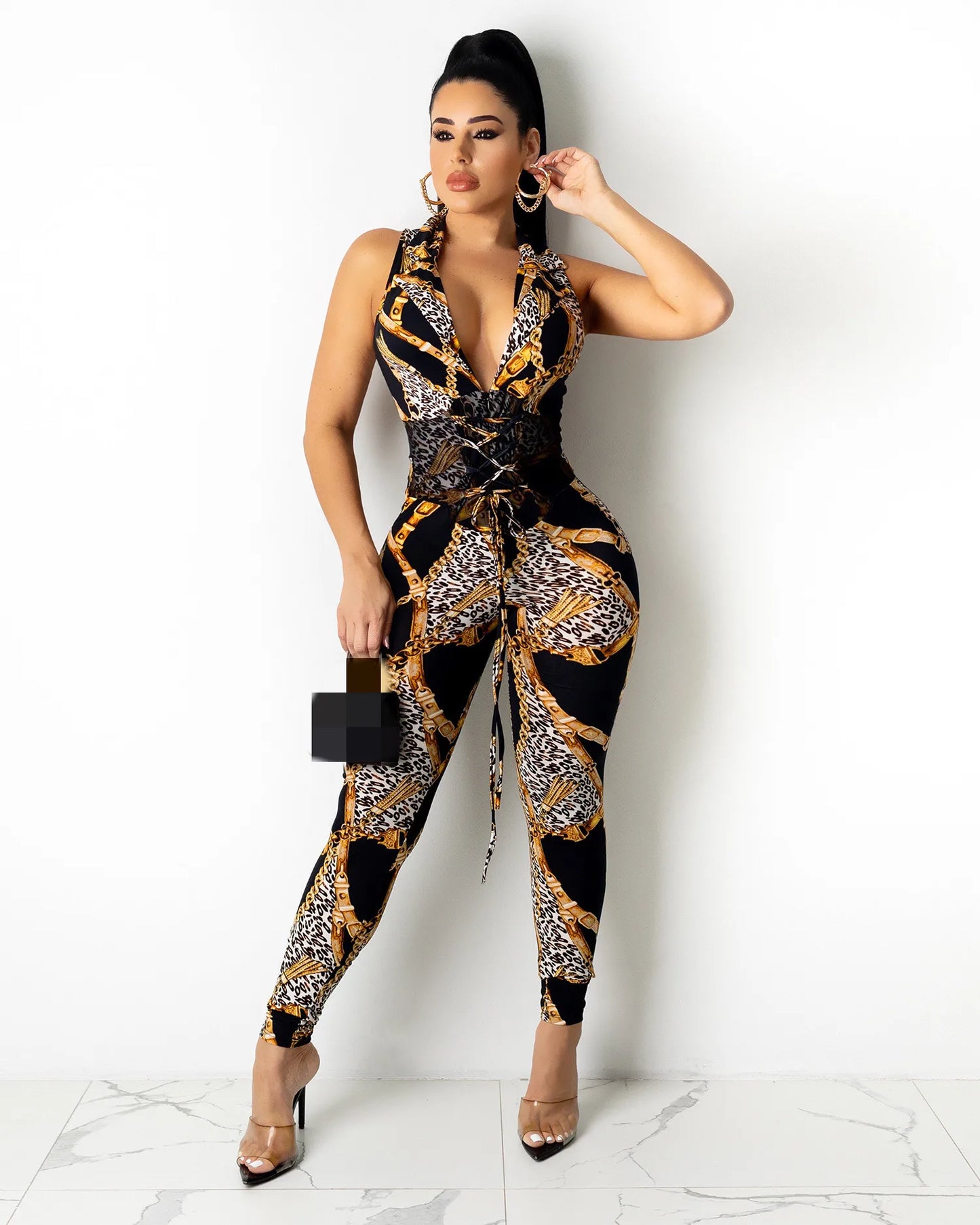 JRRY Sexy Women Jumpsuits Sleeveless Sashes Print Bodysuit High Elasticity Chain Pattern Outdoor Wear