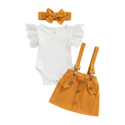 0-18M Newborn Infant Baby Girls Lace Short Sleeve Romper Tops Suspender Skirt Headband Outfits Clothes Set 3pcs Summer Clothing