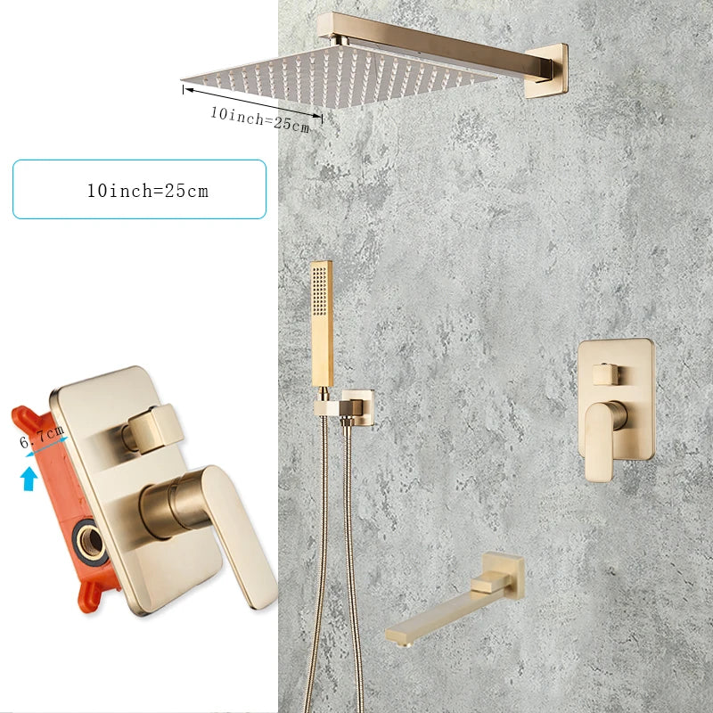 Wall Mounted Concealed Install Brushed Gold Shower Faucets Set Bathroom Shower System Shower Mixer Tap Rainfall Shower Faucet