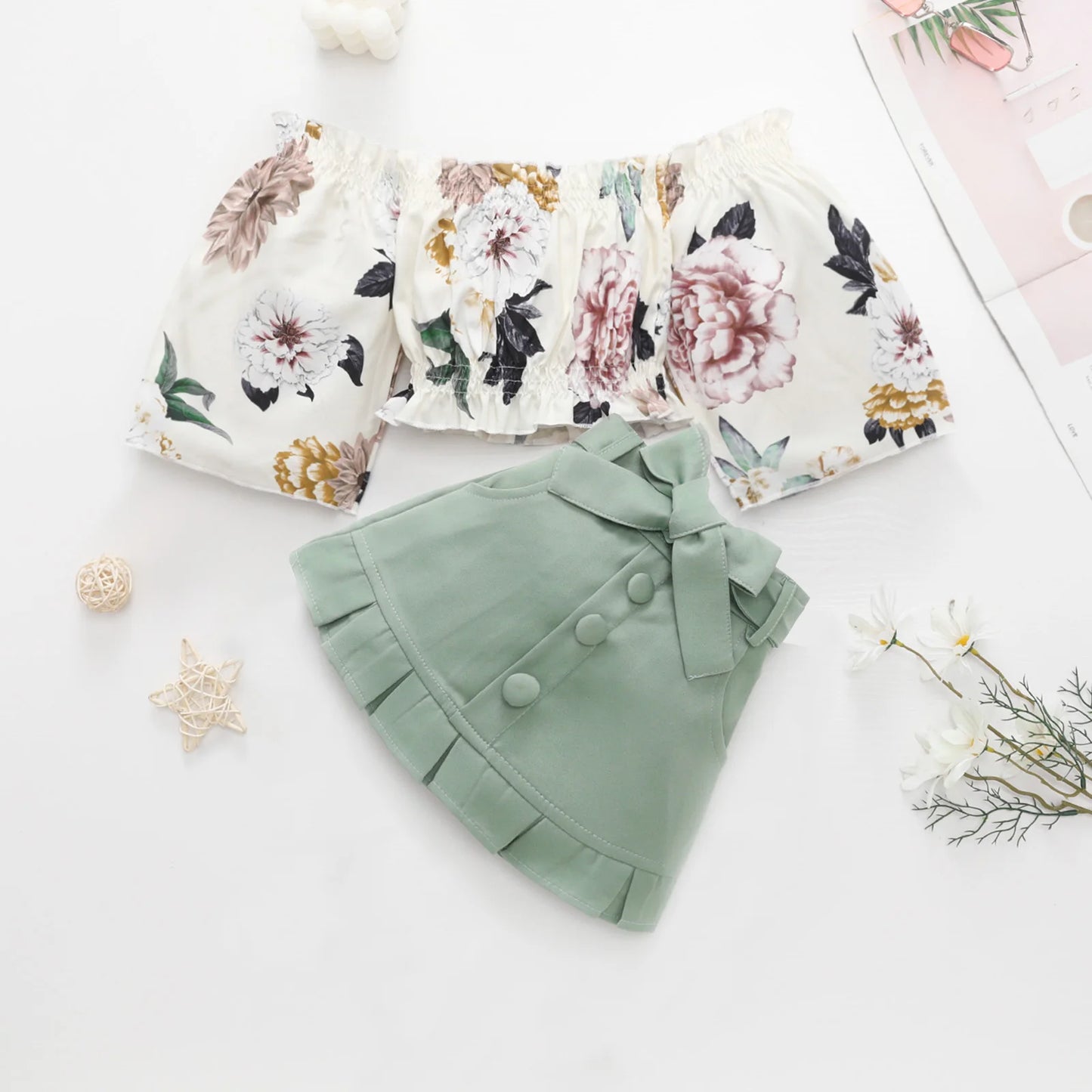 1-6Y Kids Girls Autumn Clothes Sets Floral Off Shoulder Long Sleeve Tops + Buttons Mini Skirts Children Casual Outfits