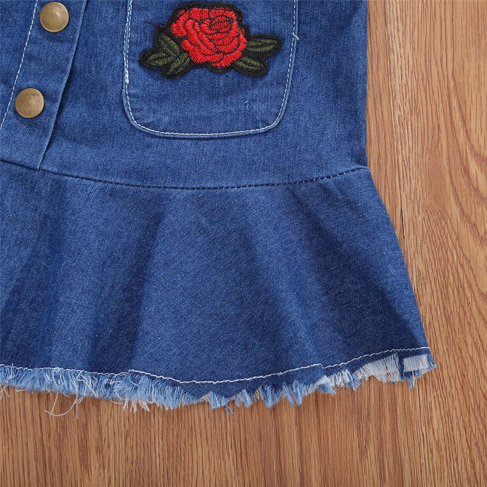 Baby Summer Clothing Infant Kids Girls Skirt Two Piece Set Fashion Rose Embroidery Short Sleeve Top + Denim Short Skirt