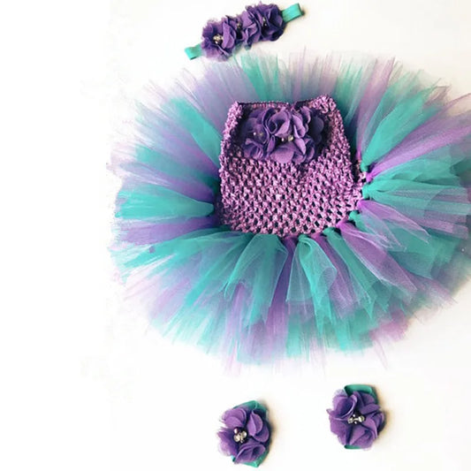 Cute Baby Girls Flower Crochet Tutu Dress Girls Tulle Dress with Hairbow and Foot Rings Set Newborn Birthday Party Costume Dress