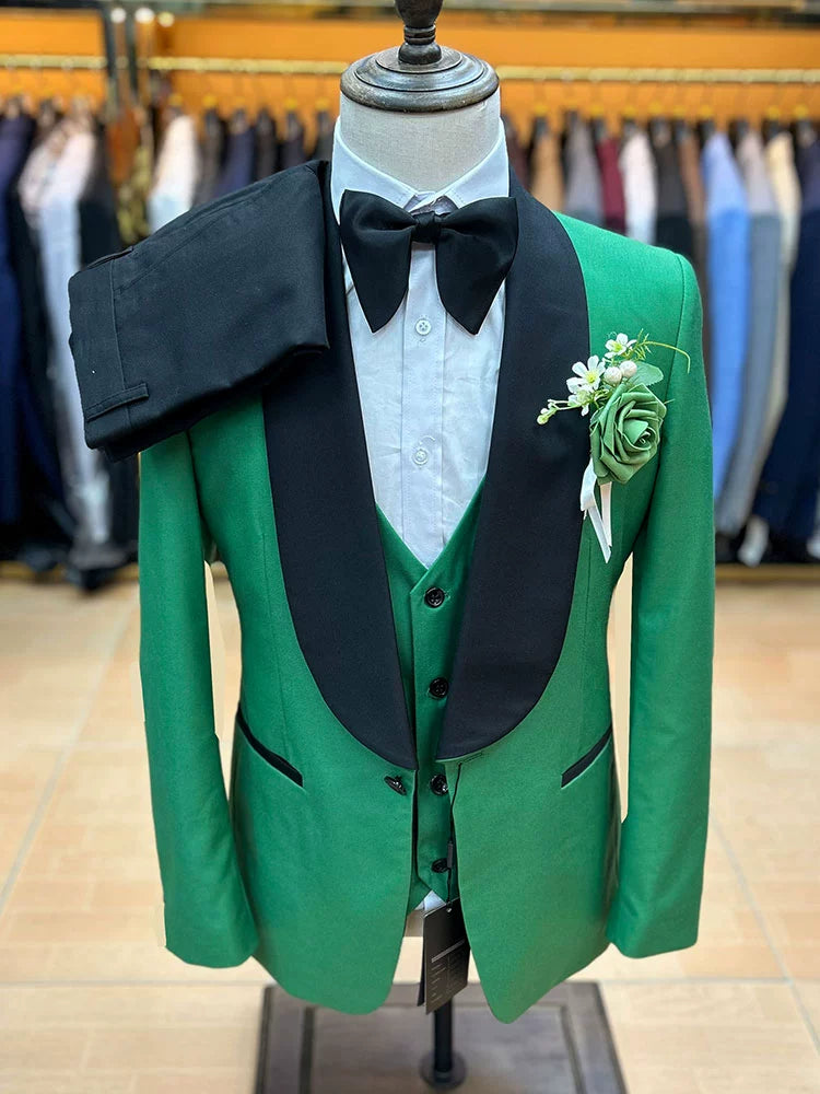 Best Seller in Europe and America Men Green Collar Suit Three-Piece Wedding Banquet Silm British Style Cross-Border E-Commerce Exclusive