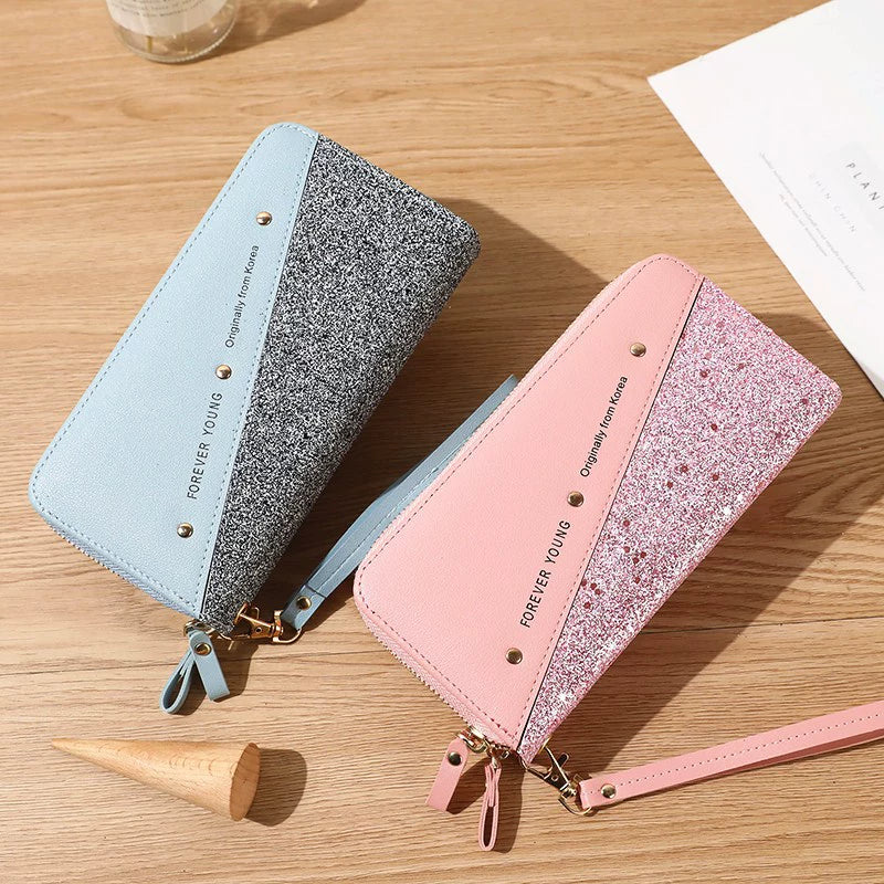 New Women Long Wallet Double Zipper Mobile Phone Bag Student Rivet Wallet Large Capacity Clutch Soft Coin Purse