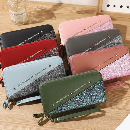 New Women Long Wallet Double Zipper Mobile Phone Bag Student Rivet Wallet Large Capacity Clutch Soft Coin Purse