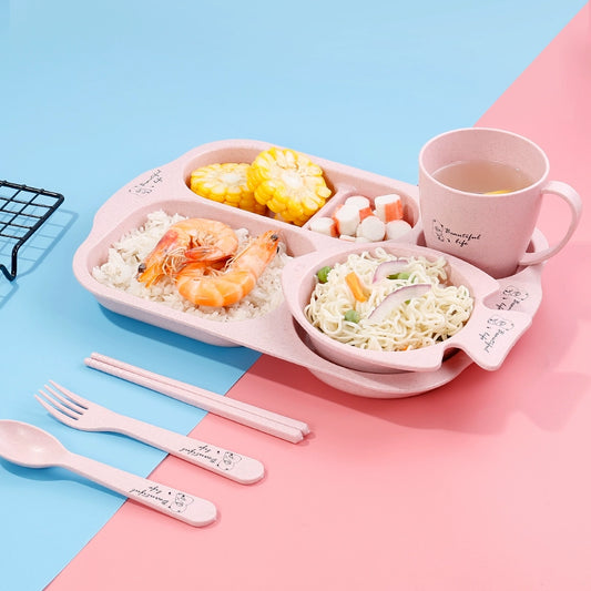 Wheat Straw Baby Tableware Set Children's Dinner Plate Grid Cartoon Drop-Resistant Cute Baby Kindergarten Eating Bowl